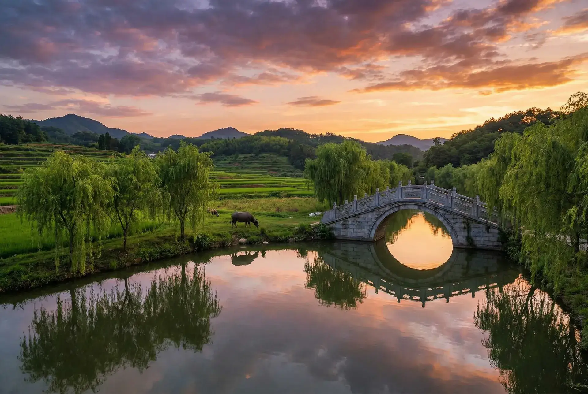 夕阳下的石拱桥与垂柳，水牛在河边吃草 - 太阳神战记 乡村美景