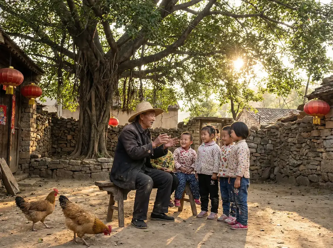 老人在大榕树下给孩子们讲故事 - 太阳神战记 乡村记忆